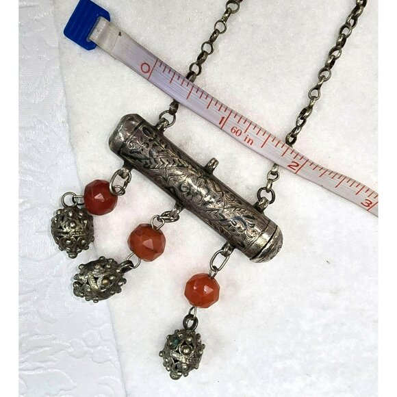 Antique Silver Prayer Scroll Pendant Necklace Carnelian & Filigree Charms HS140 - Picture 11 of 11